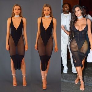 Kim Kardashian Inspired sexy black mesh maxi dress